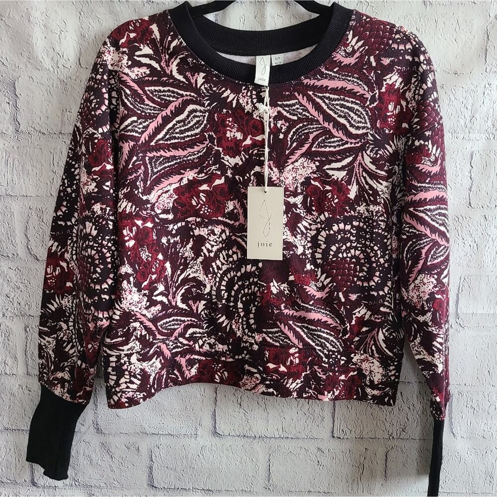 Joie Paisley Floral Bohomian Burgundy Cropped‎ Crewneck Sweatshirt NWT Small